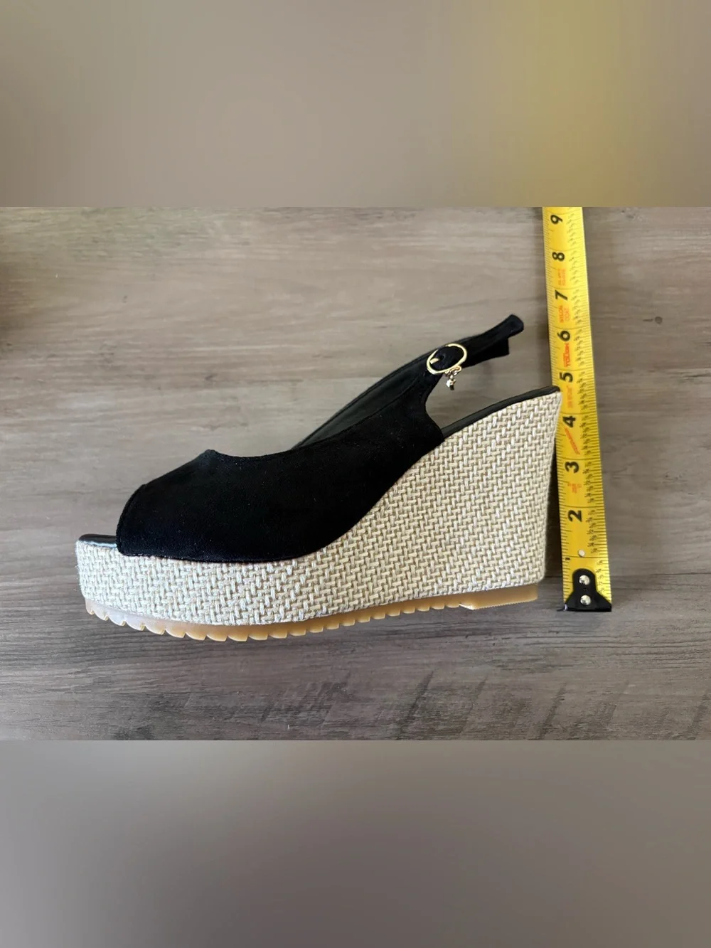 NWOT Black Peep Toe Slingback Wedge Sandals Woven Platform Size 39